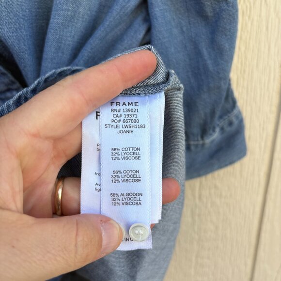 Frame Shirred Sleeve Button Up Shirt Women's Small Blue Denim Chambray Office - Picture 7 of 11